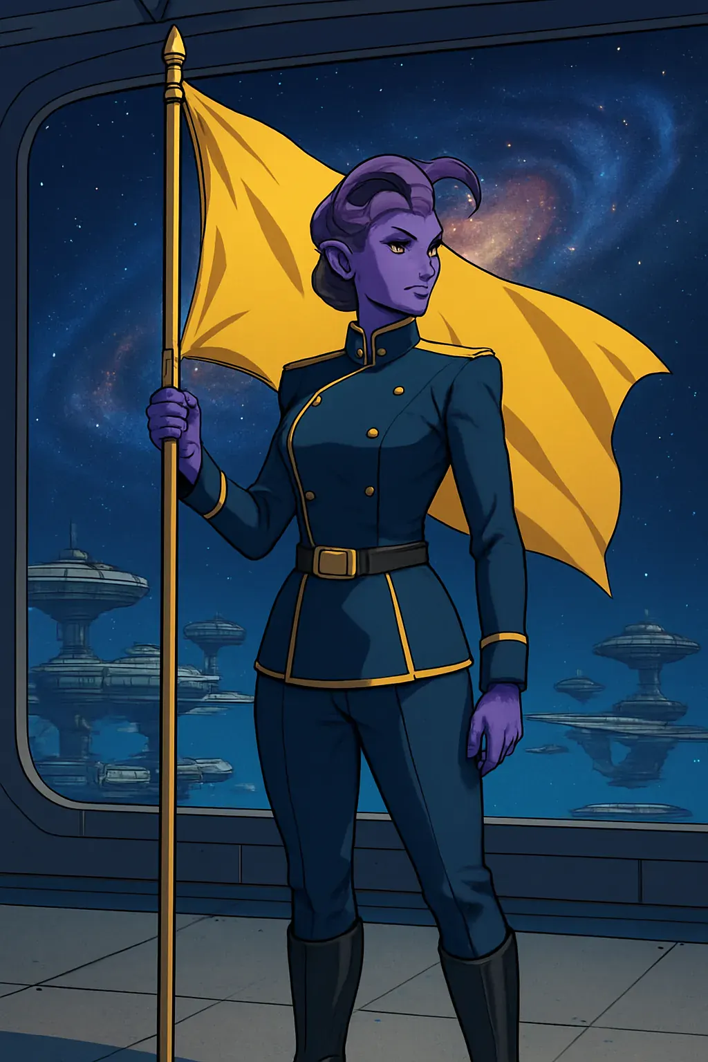 Generated concept of a fictional adult admiral setting a standard on a station deck, galaxy visible through the window.