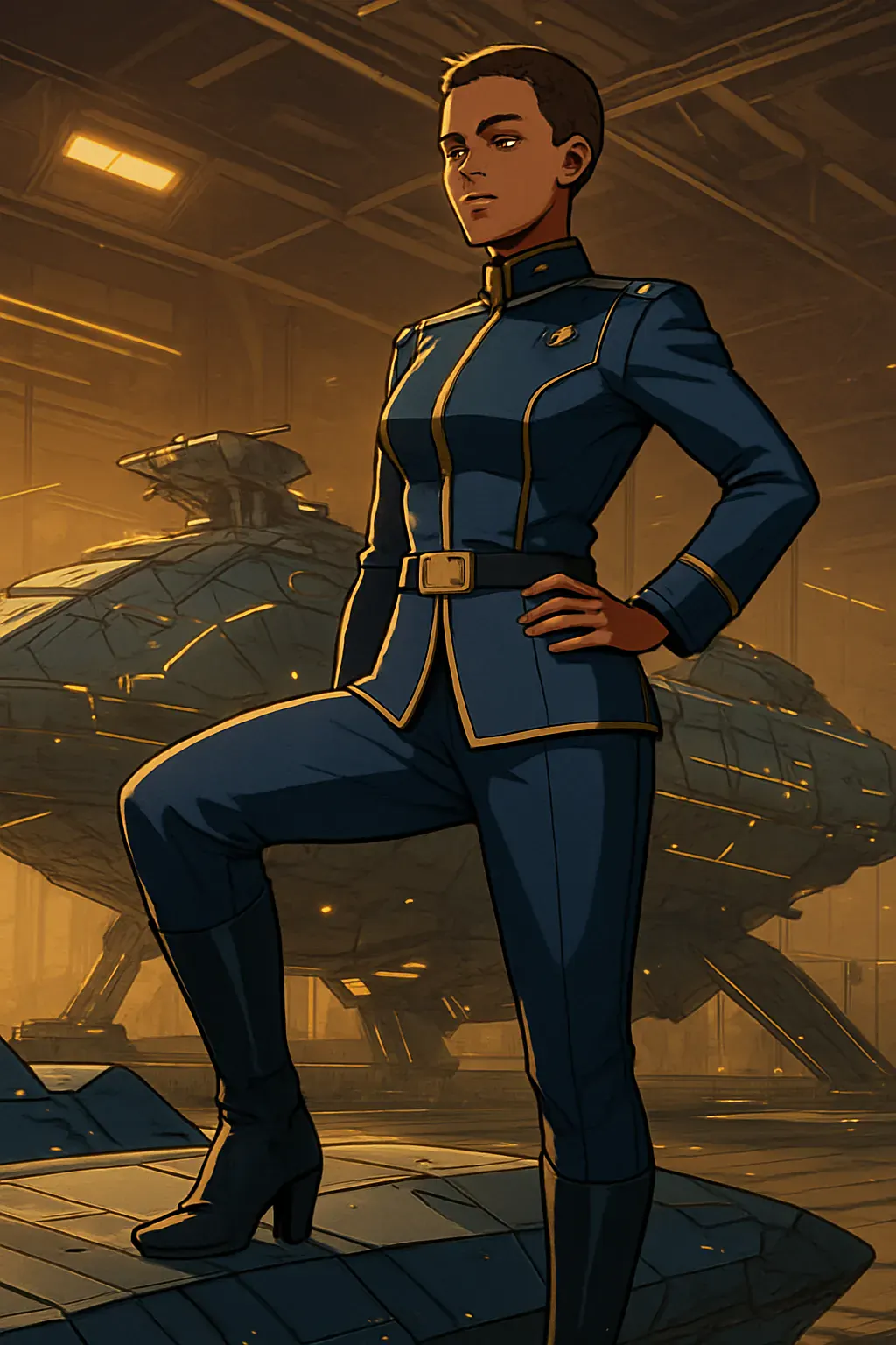 Generated concept of a fictional adult admiral in a shipyard of modular hulls.