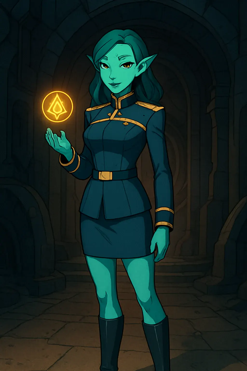 Generated concept of a fictional adult admiral reading a dark ancient relay.