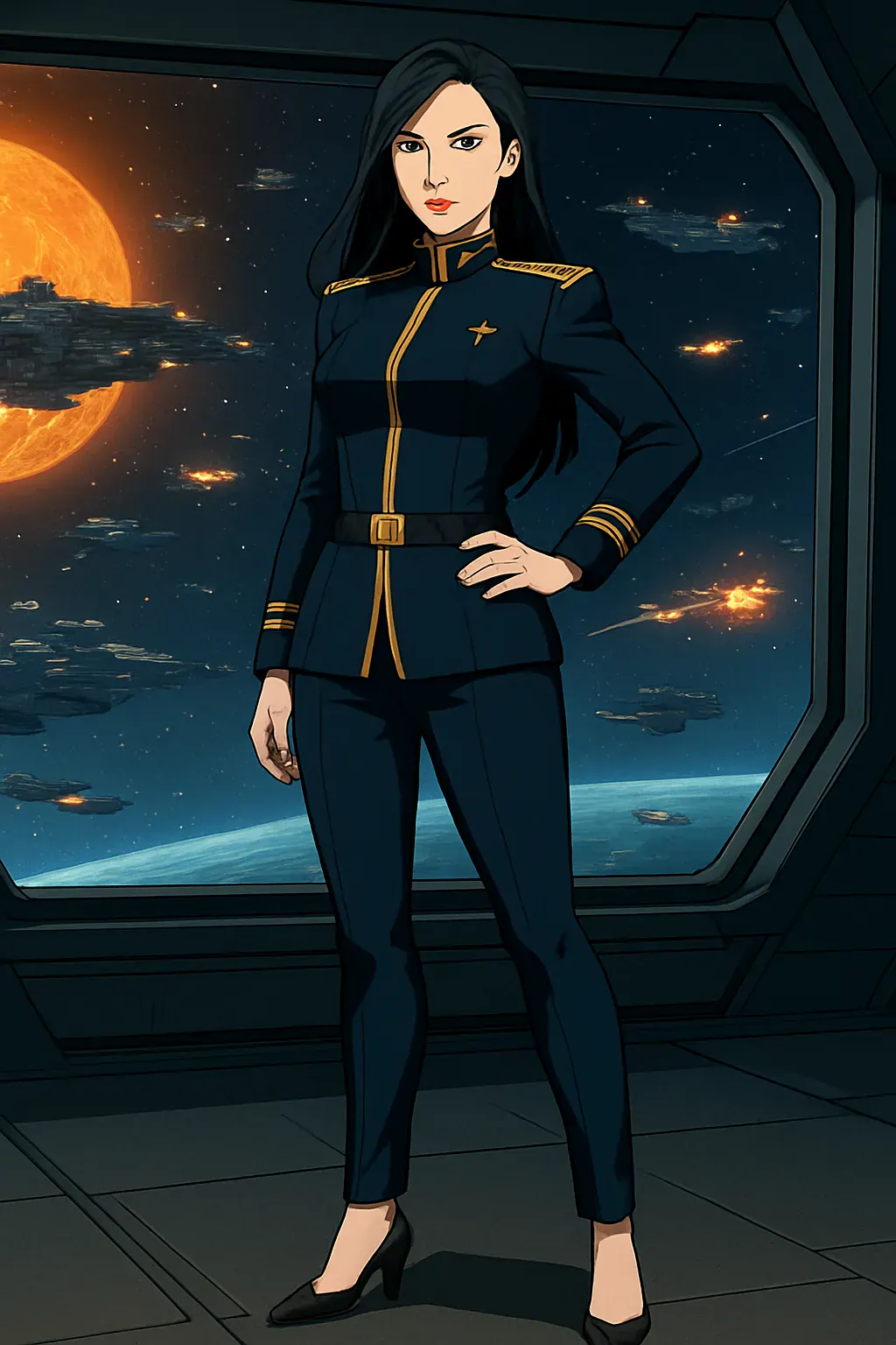 Generated concept of a fictional adult admiral on a captured bridge, solar-system ships beyond the glass.