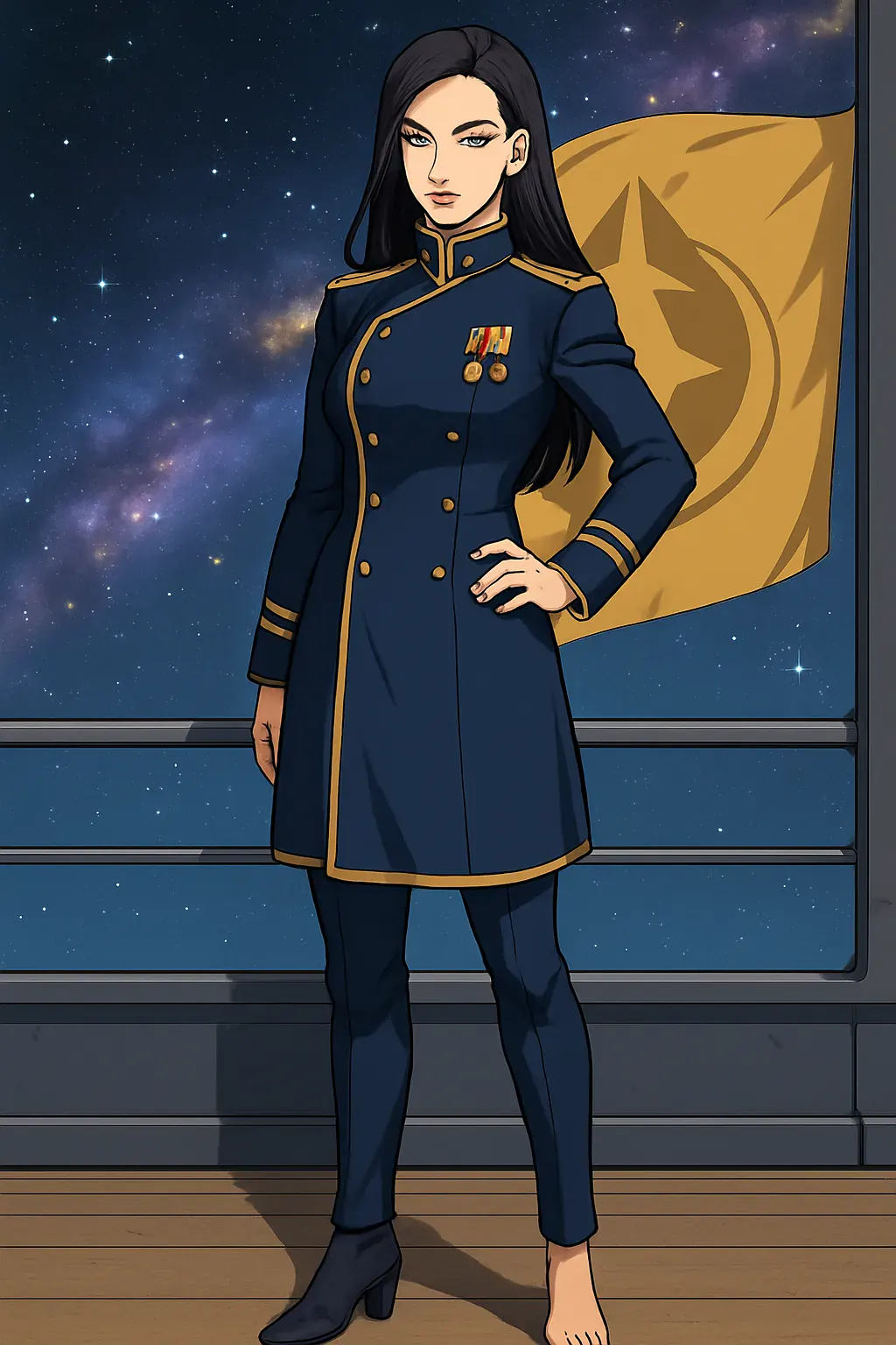 Vertical generated portrait of a fictional adult admiral on a flagship bridge.