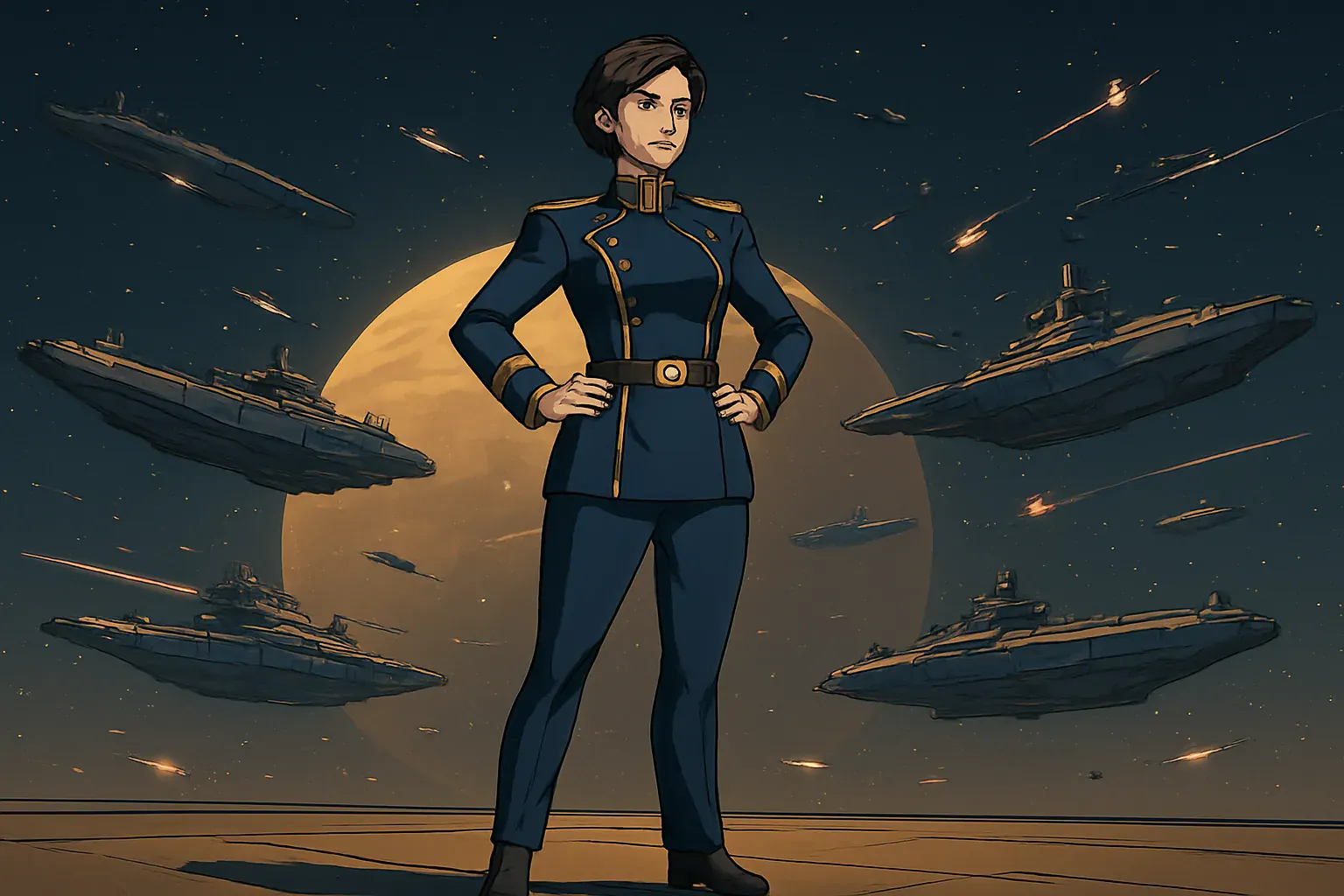 Wide generated concept of a fictional adult admiral before a solar-system battle. Labeled as key art, not a trailer still.